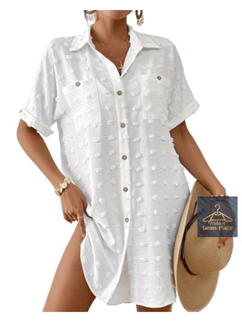 Swiss Dot Button Down Shirt Cover Up Short Sleeve Beach Swim Coverup
